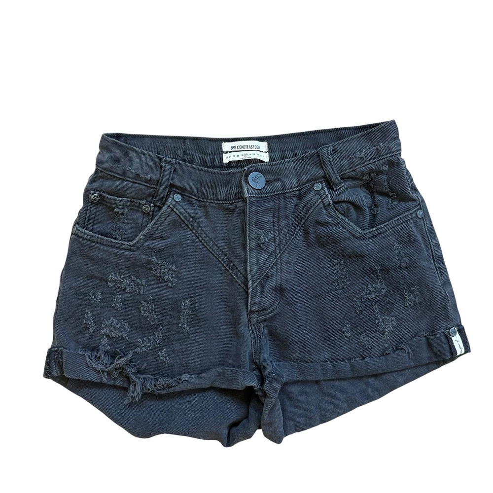 One Teaspoon Hawks Washed Black Distressed High Rise Denim Shorts Womens 27